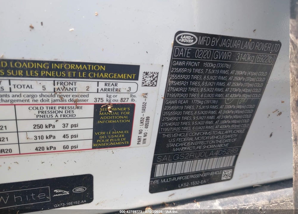 2020 LAND ROVER RANGE ROVER HSE VIN: SALGS2RU0LA405289