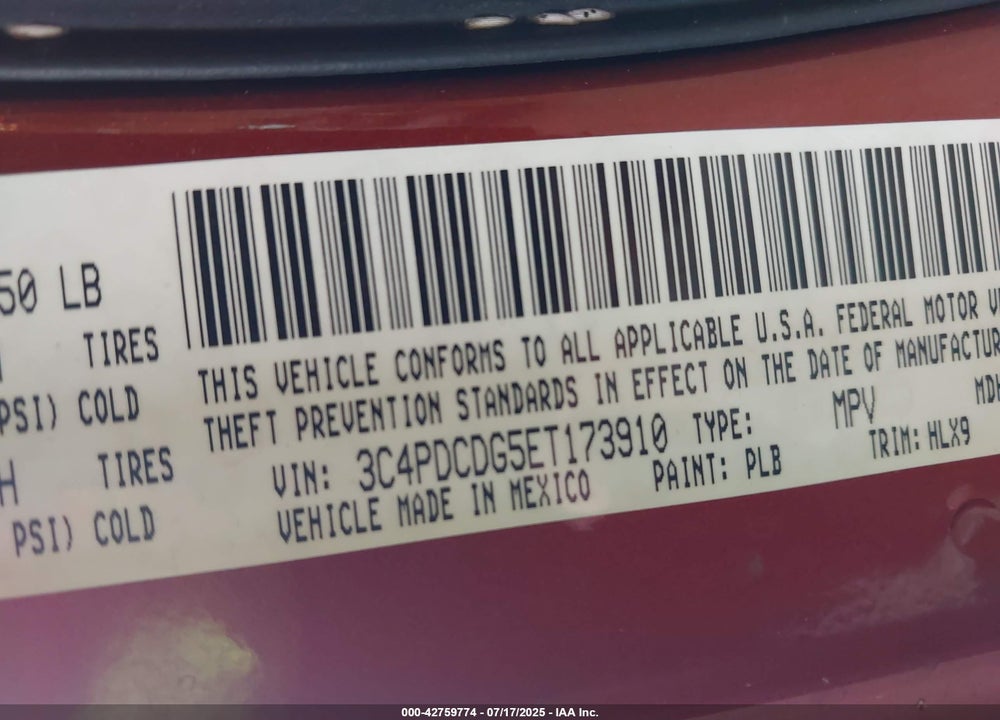 2014 DODGE JOURNEY VIN: 3C4PDCDG5ET173910