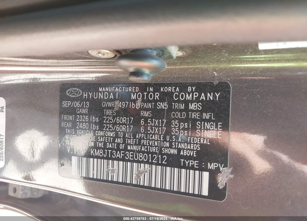 2014 HYUNDAI TUCSON GLS VIN: KM8JT3AF3EU801212