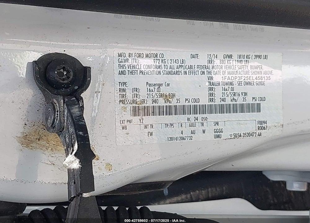 2014 FORD FOCUS VIN: 1FADP3F25EL458135