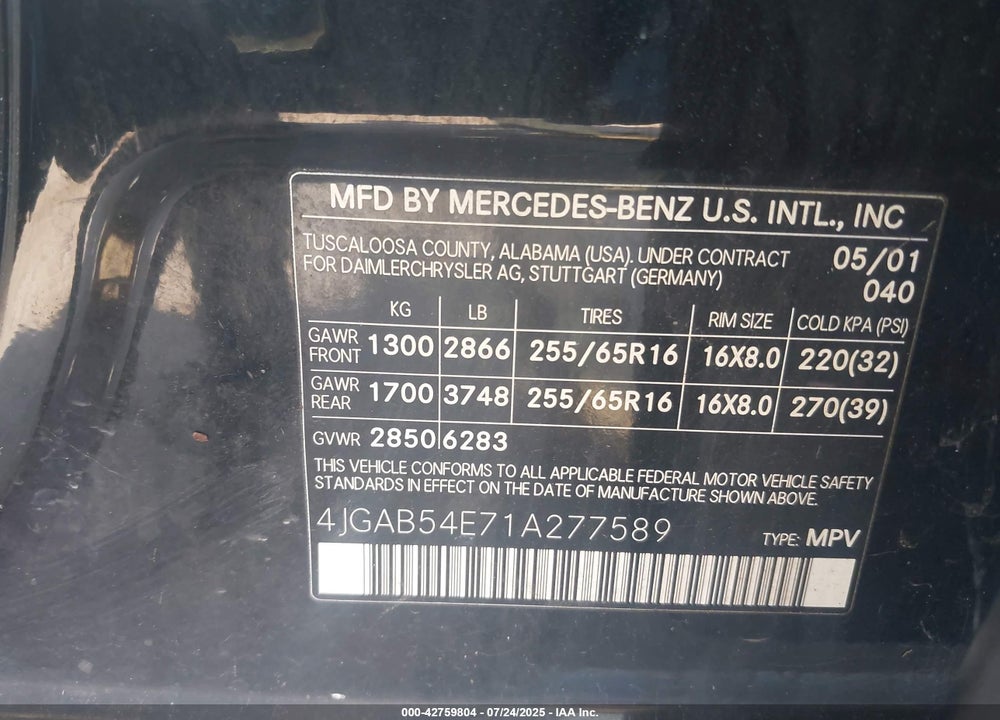2001 MERCEDES-BENZ ML 320 VIN: 4JGAB54E71A277589