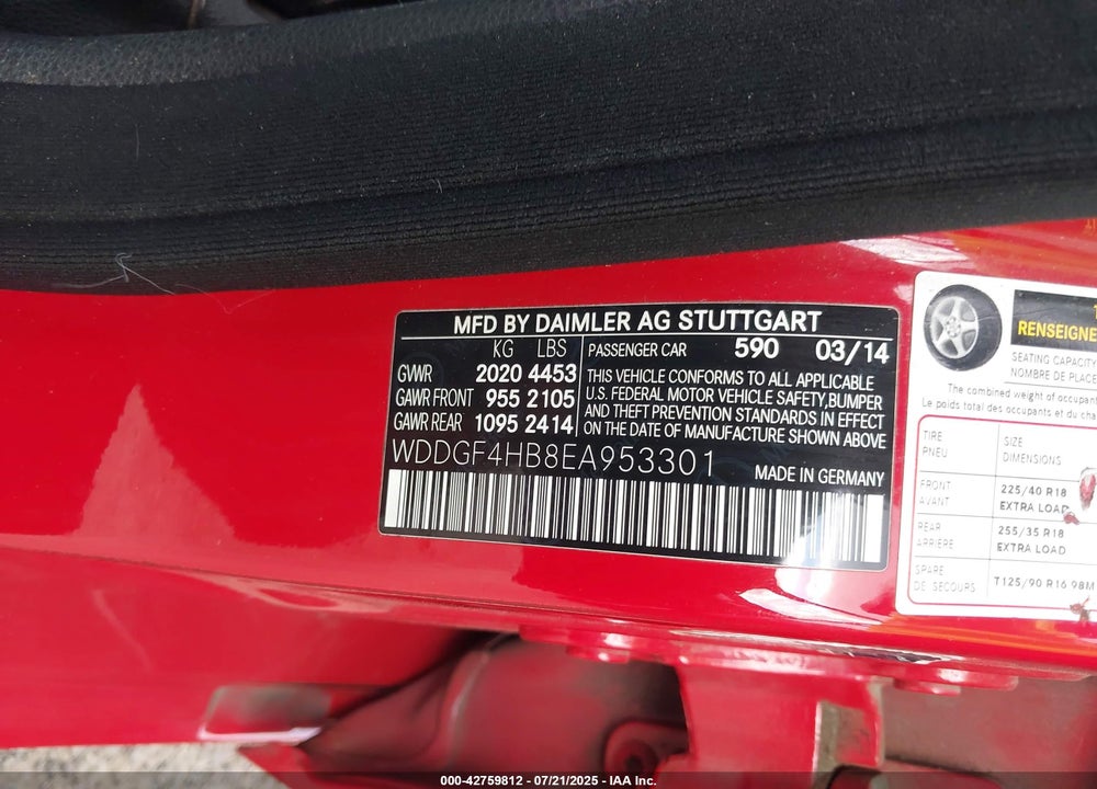 2014 MERCEDES-BENZ C CLASS VIN: WDDGF4HB8EA953301