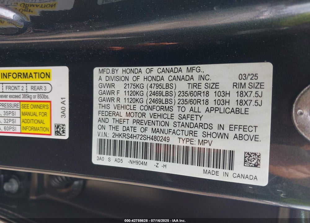 2025 HONDA CR-V VIN: 2HKRS4H72SH480249