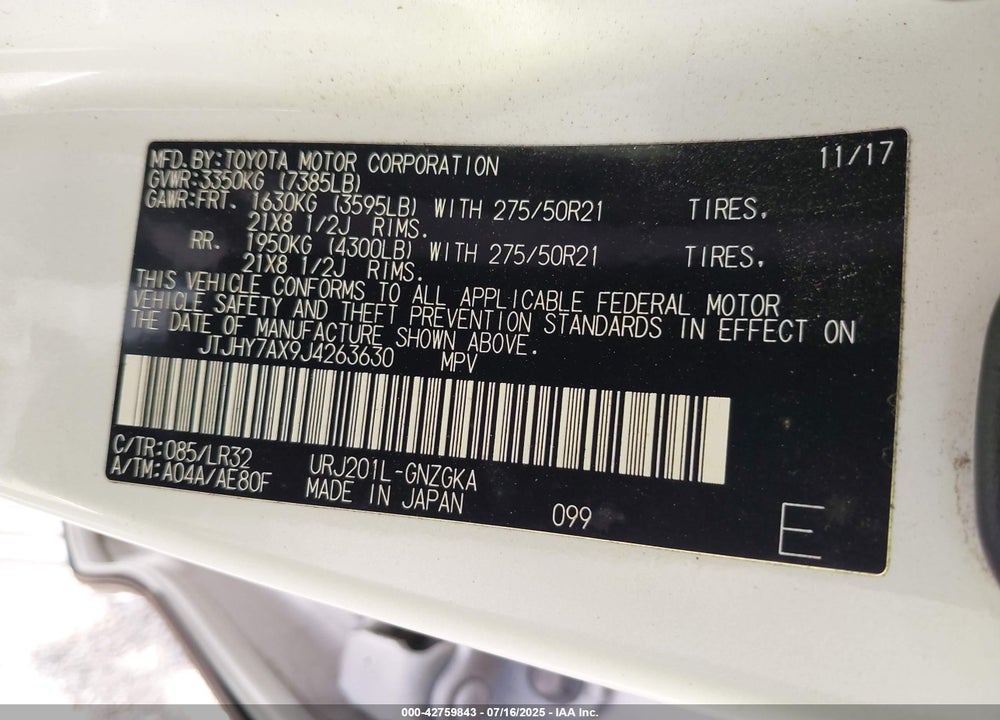 2018 LEXUS LX 570 THREE-ROW VIN: JTJHY7AX9J4263630