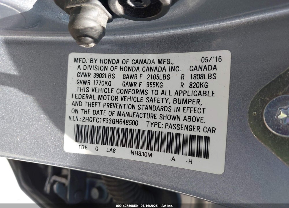 2016 HONDA CIVIC EX-T VIN: 2HGFC1F33GH648500