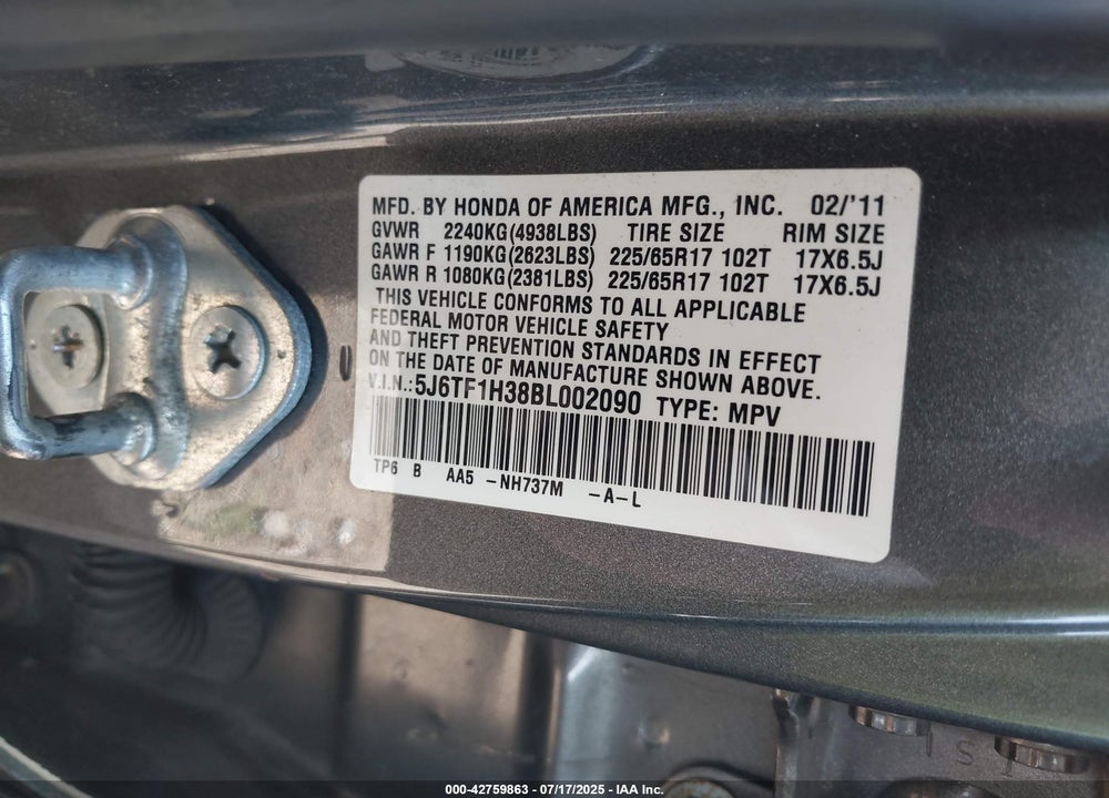 2011 HONDA ACCORD CROSSTOUR EX VIN: 5J6TF1H38BL002090