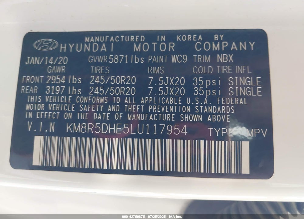 2020 HYUNDAI PALISADE VIN: KM8R5DHE5LU117954