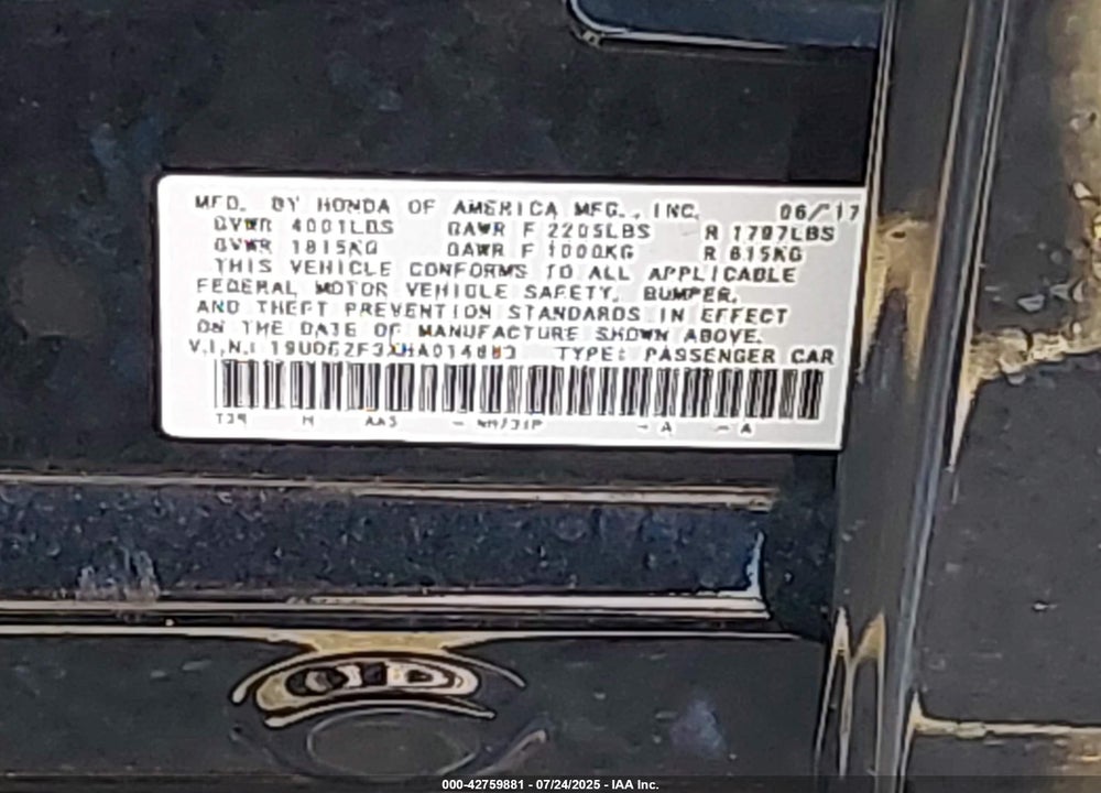 2017 ACURA ILX VIN: 19UDE2F3XHA014883