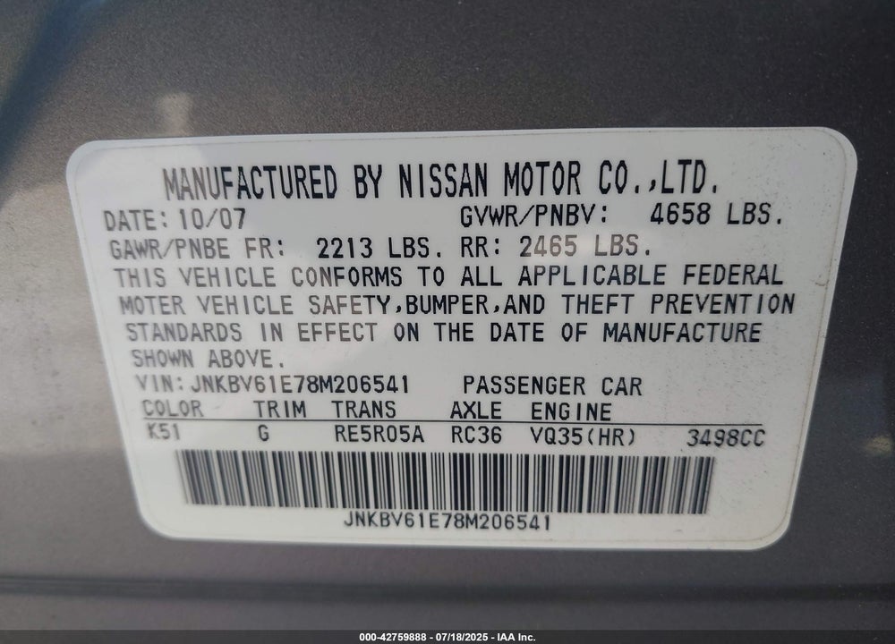 2008 INFINITI G35 JOURNEY VIN: JNKBV61E78M206541