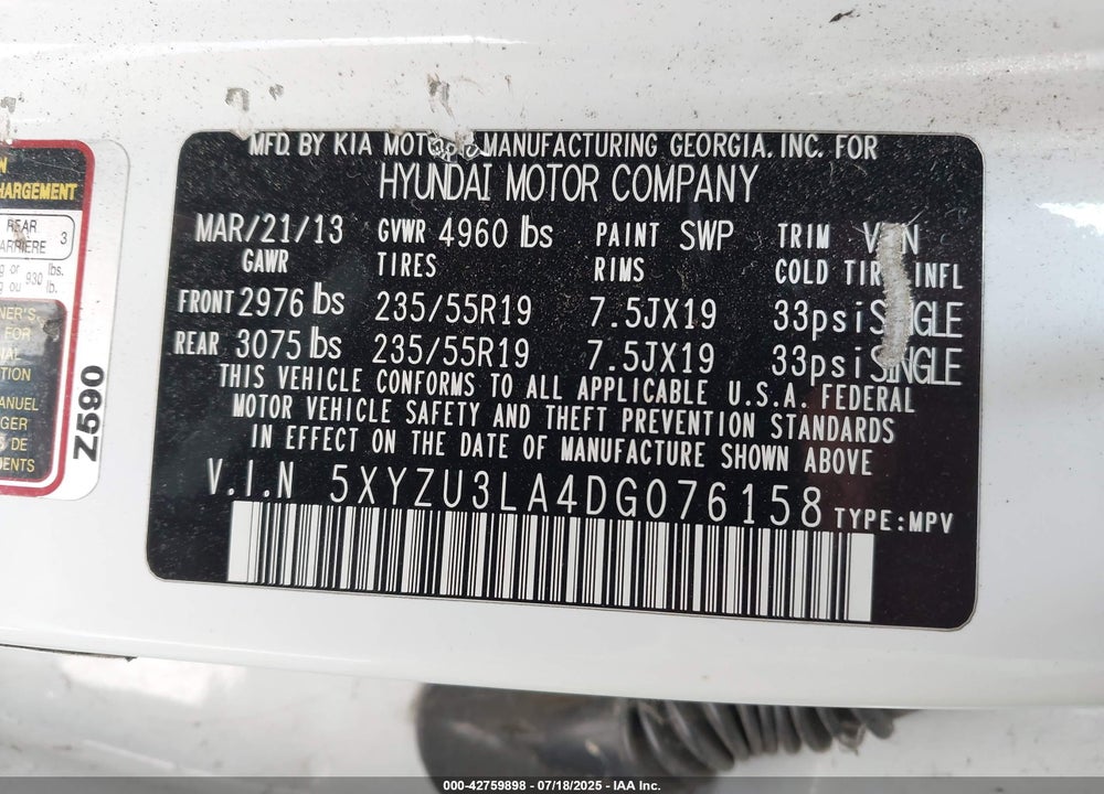 2013 HYUNDAI SANTA FE SPORT 2.0T VIN: 5XYZU3LA4DG076158