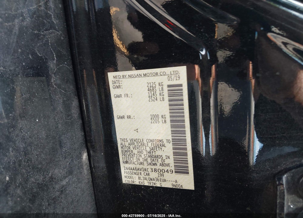 2019 NISSAN MAXIMA VIN: 1N4AA6AV1KC380049