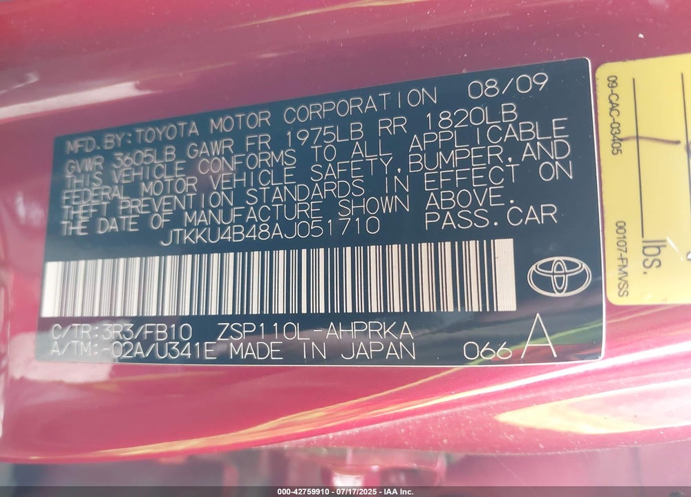 2010 SCION XD VIN: JTKKU4B48AJ051710