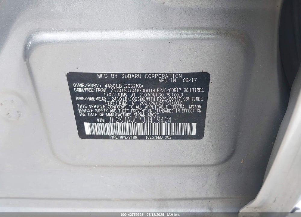 2018 SUBARU FORESTER VIN: JF2SJAJC7JH419424