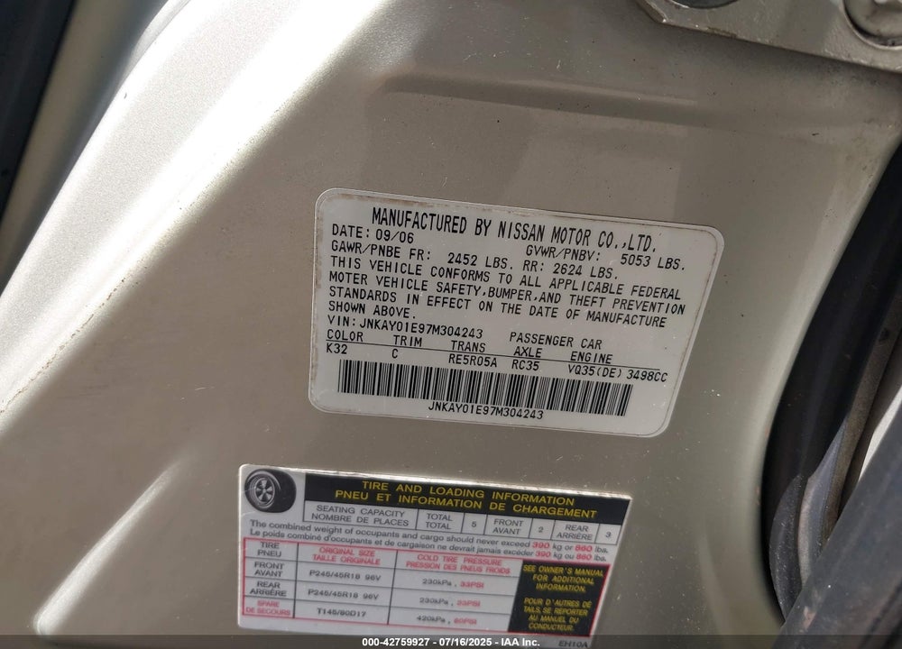 2007 INFINITI M35 VIN: JNKAY01E97M304243