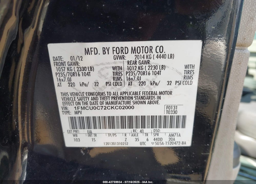 2012 FORD ESCAPE VIN: 1FMCU0C72CKC02000