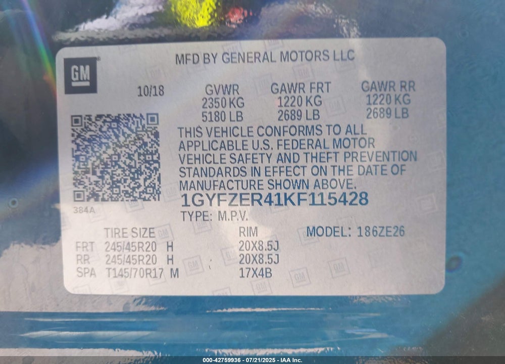 2019 CADILLAC XT4 VIN: 1GYFZER41KF115428