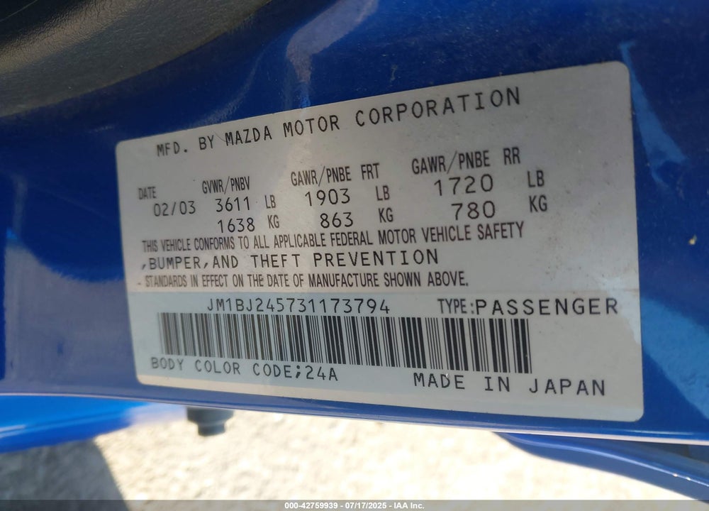 2003 MAZDA PROTEGE5 BASE (M5) VIN: JM1BJ245731173794