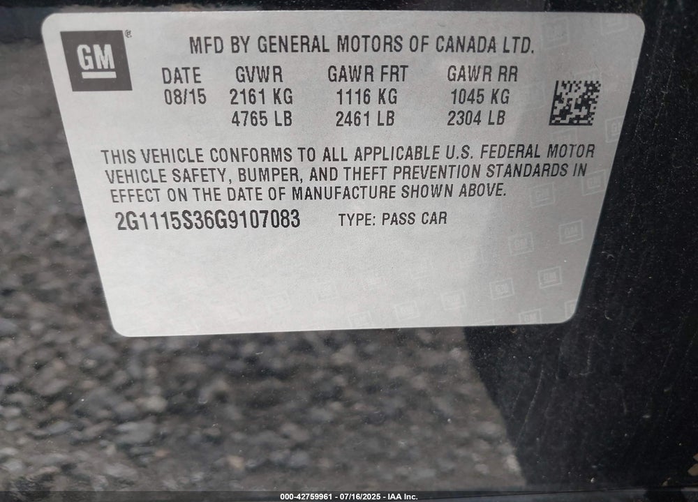 2016 CHEVROLET IMPALA VIN: 2G1115S36G9107083
