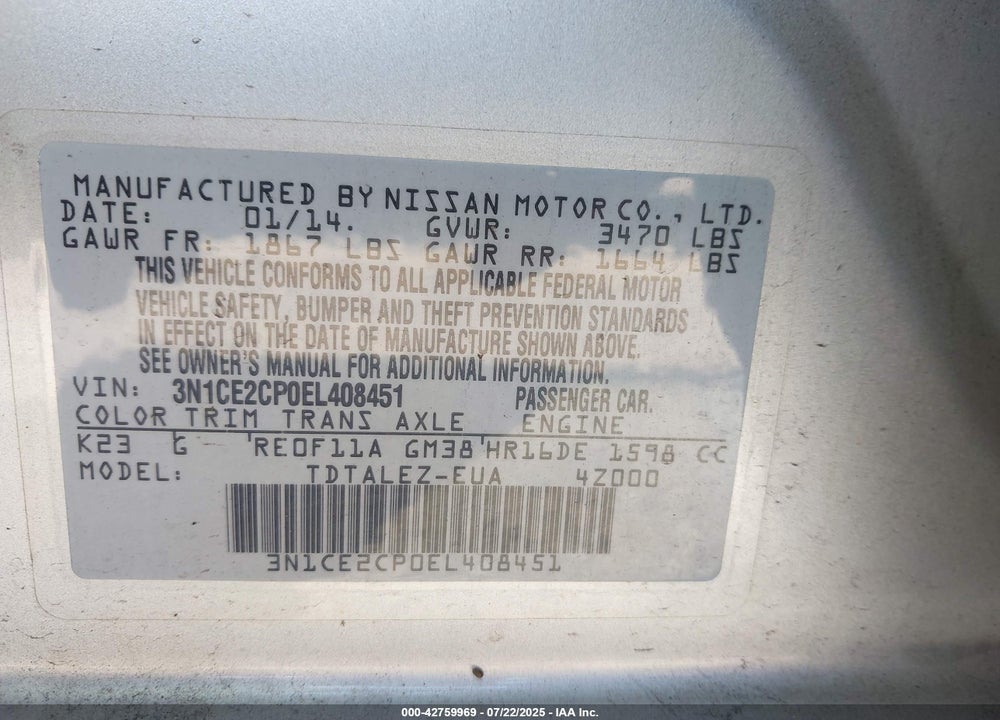 2014 NISSAN VERSA NOTE VIN: 3N1CE2CP0EL408451