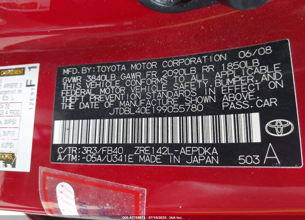 2009 TOYOTA COROLLA VIN: JTDBL40E199055780