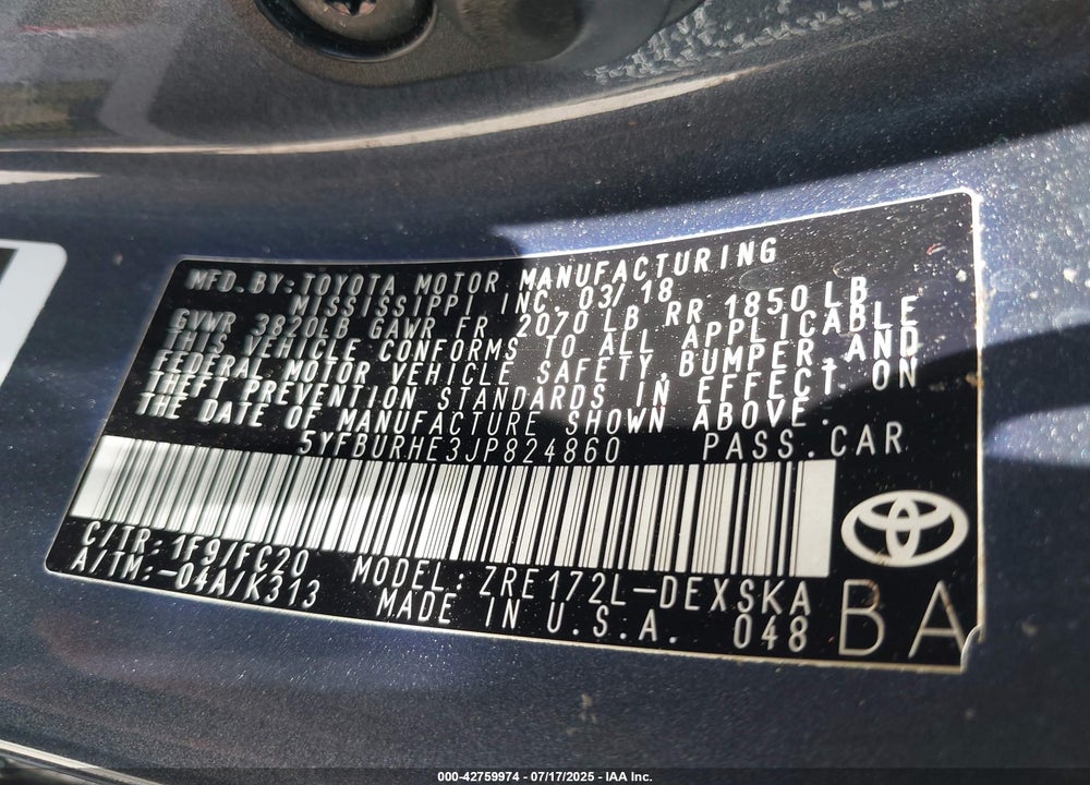 2018 TOYOTA COROLLA VIN: 5YFBURHE3JP824860