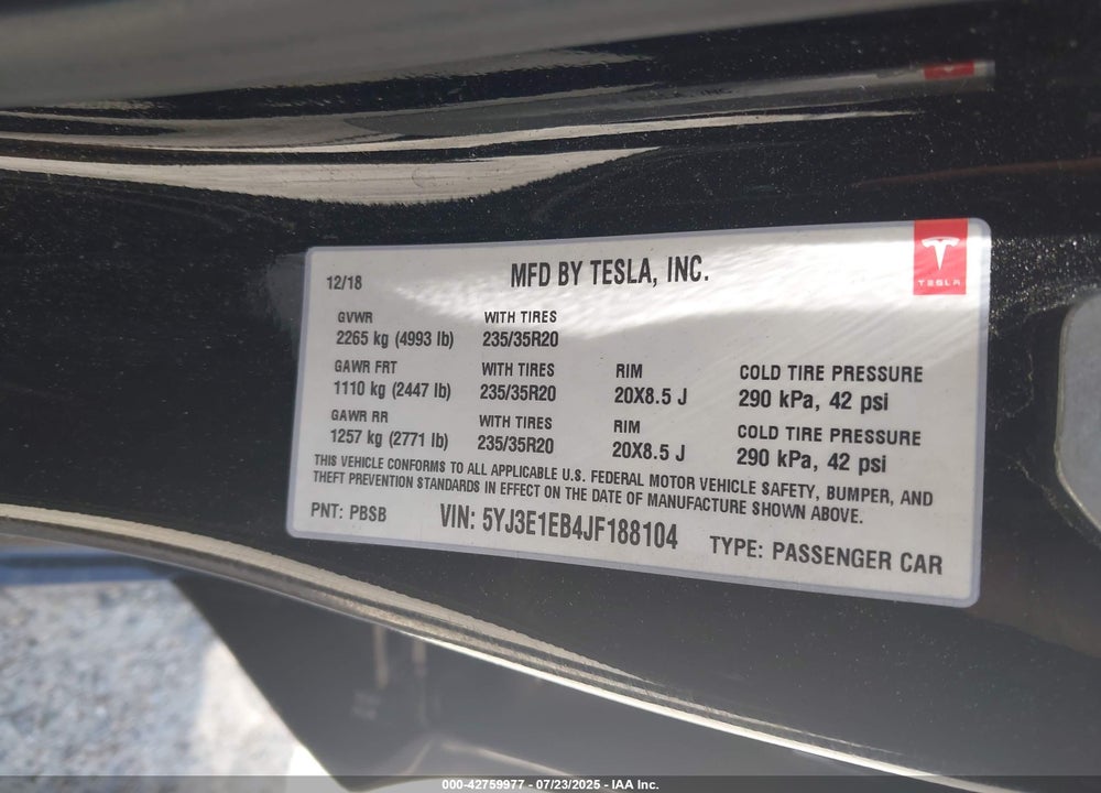 2018 TESLA MODEL 3 VIN: 5YJ3E1EB4JF188104