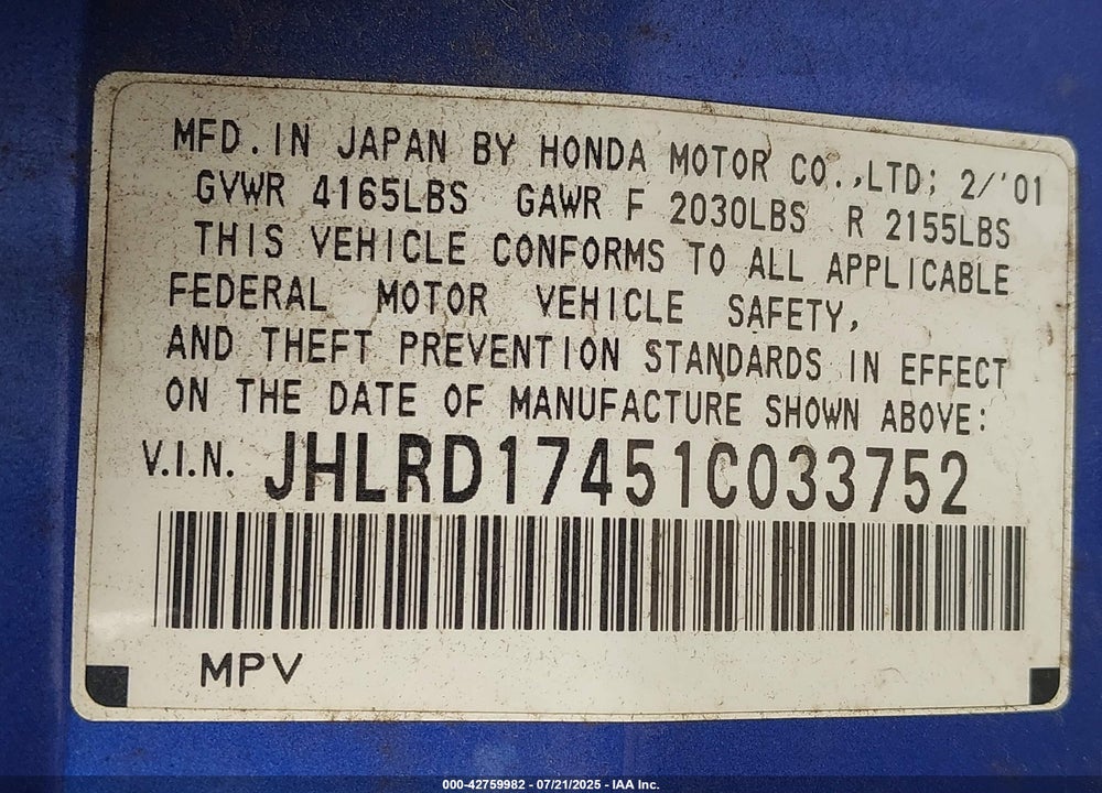 2001 HONDA CR-V LX VIN: JHLRD17451C033752