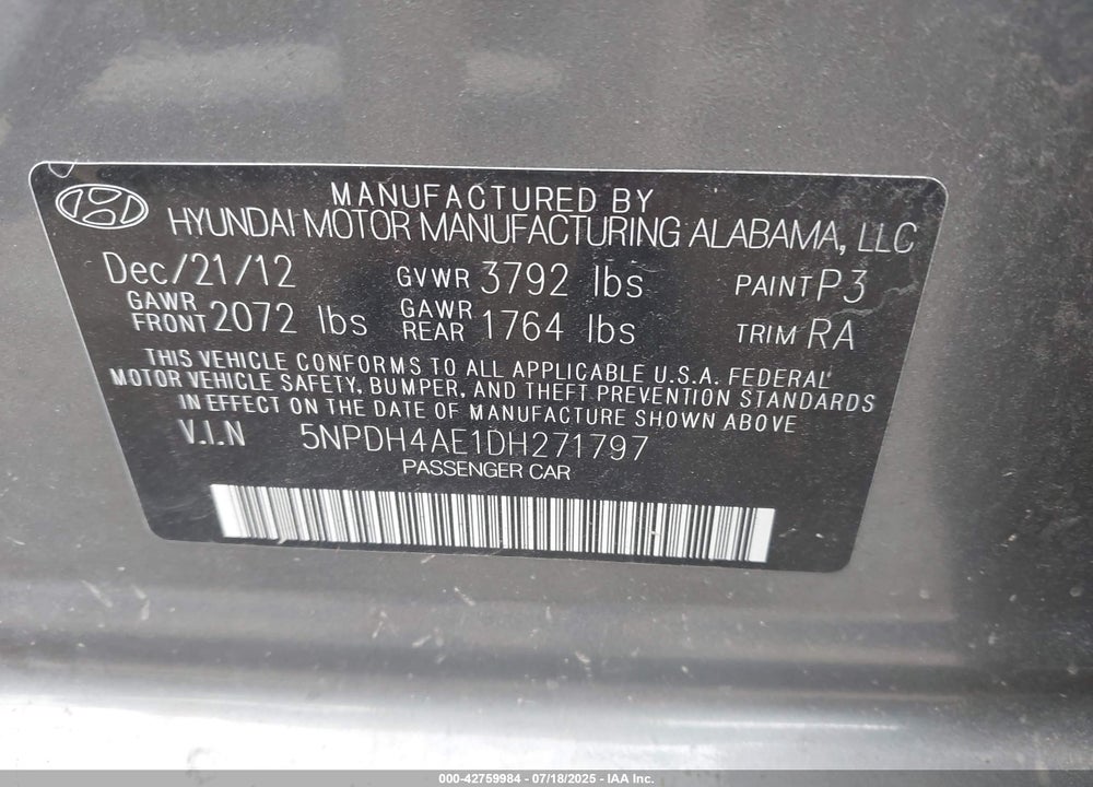 2013 HYUNDAI ELANTRA VIN: 5NPDH4AE1DH271797