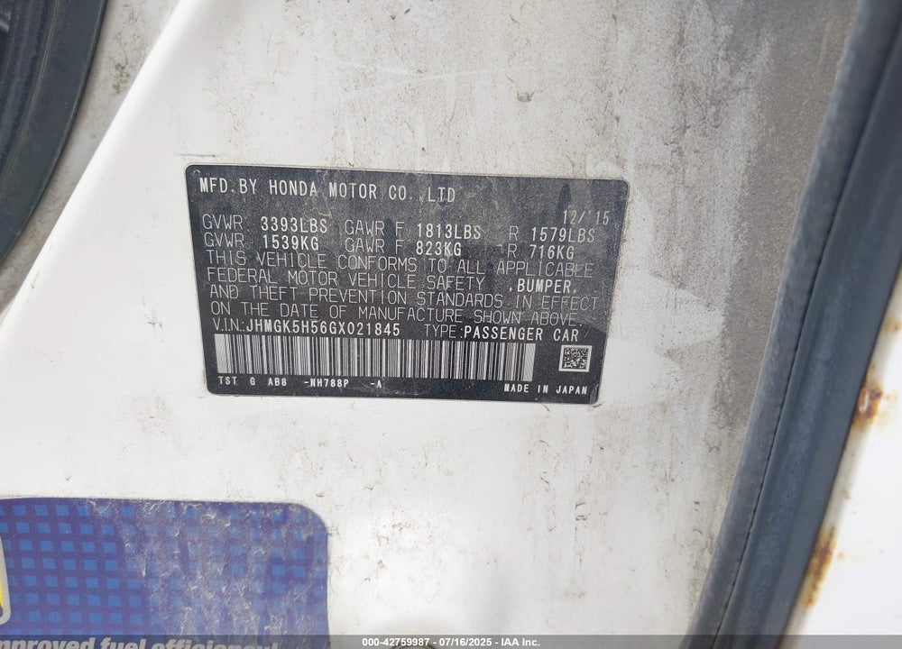 2016 HONDA FIT VIN: JHMGK5H56GX021845