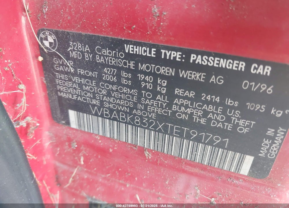 1996 BMW 328 IC AUTOMATIC VIN: WBABK832XTET91791