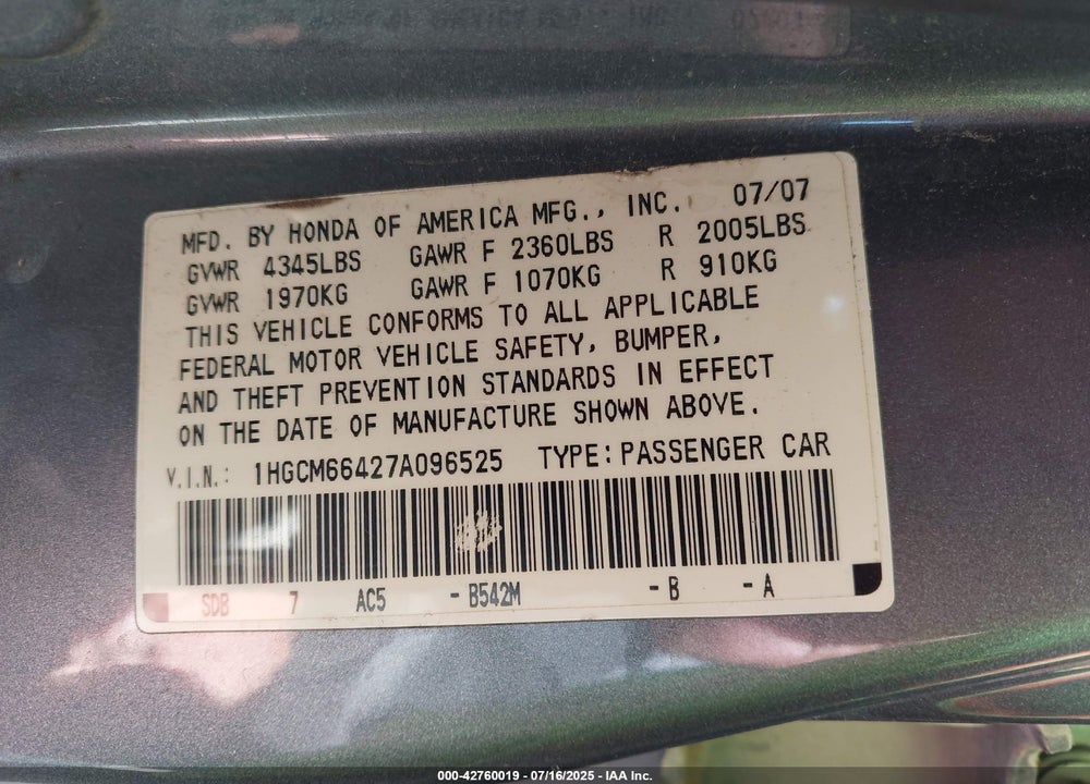 2007 HONDA ACCORD VIN: 1HGCM66427A096525