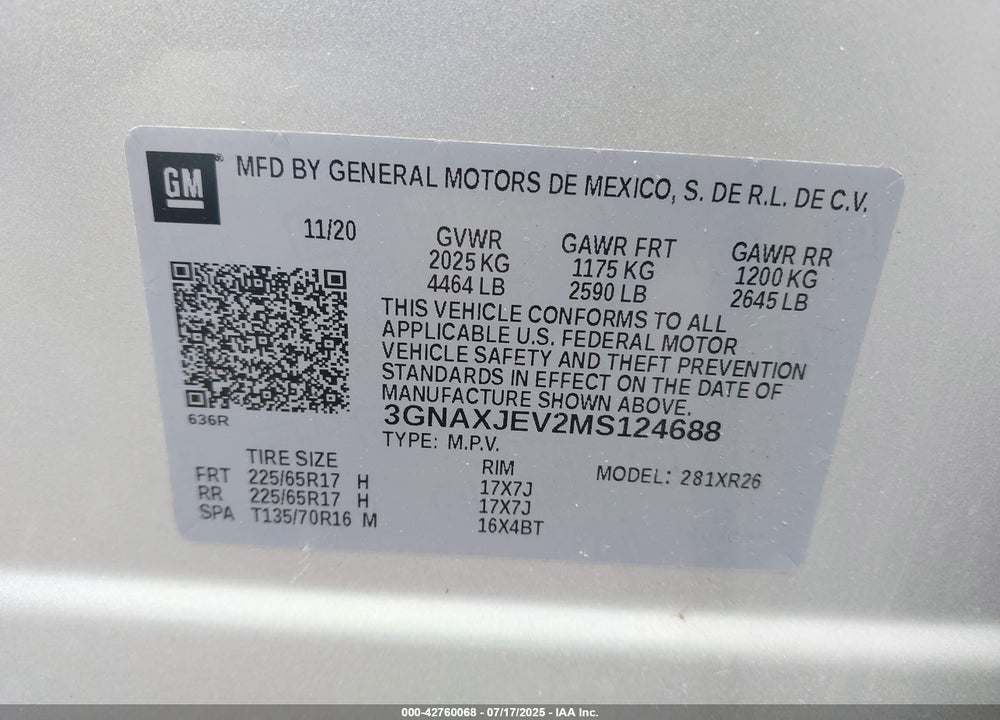 2021 CHEVROLET EQUINOX VIN: 3GNAXJEV2MS124688