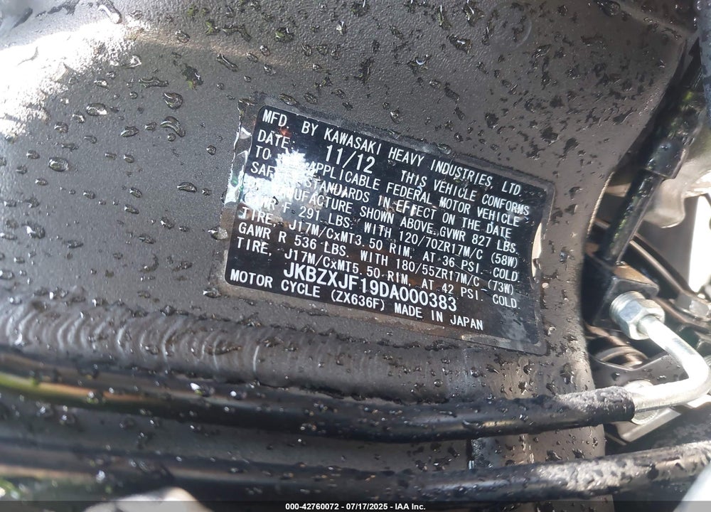 2013 KAWASAKI ZX636 F VIN: JKBZXJF19DA000383