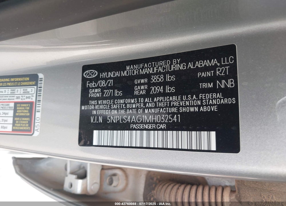 2021 HYUNDAI ELANTRA SEL VIN: 5NPLS4AG1MH032541