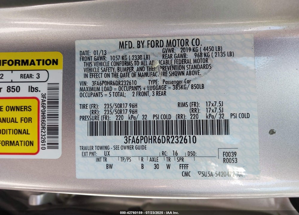 2013 FORD FUSION VIN: 3FA6P0HR6DR232610