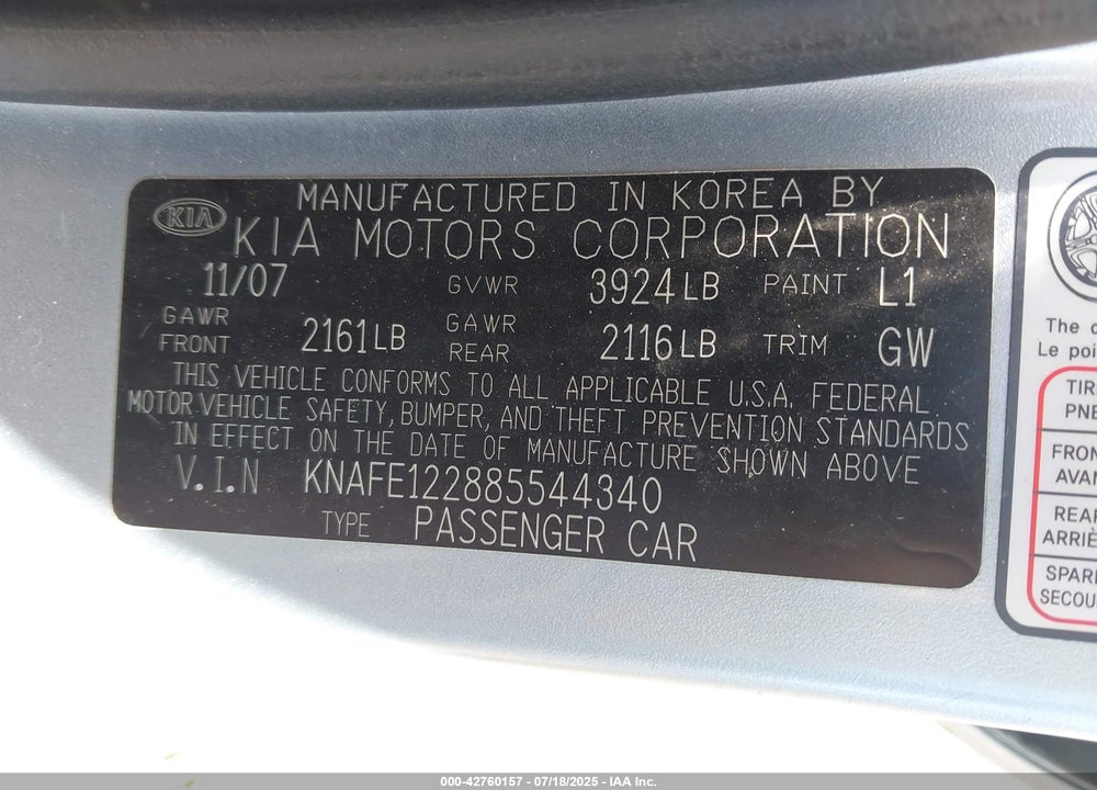 2008 KIA SPECTRA VIN: KNAFE122885544340