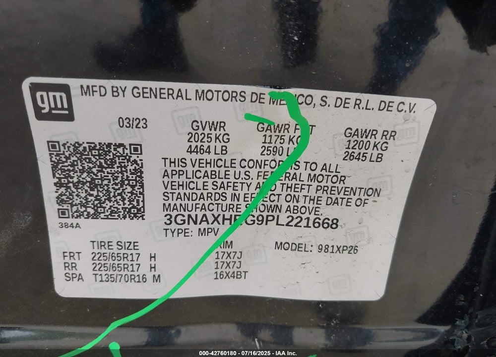 2023 CHEVROLET EQUINOX VIN: 3GNAXHEG9PL221668