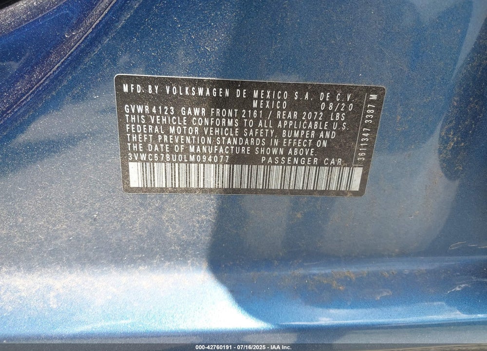 2020 VOLKSWAGEN JETTA VIN: 3VWC57BU0LM094077