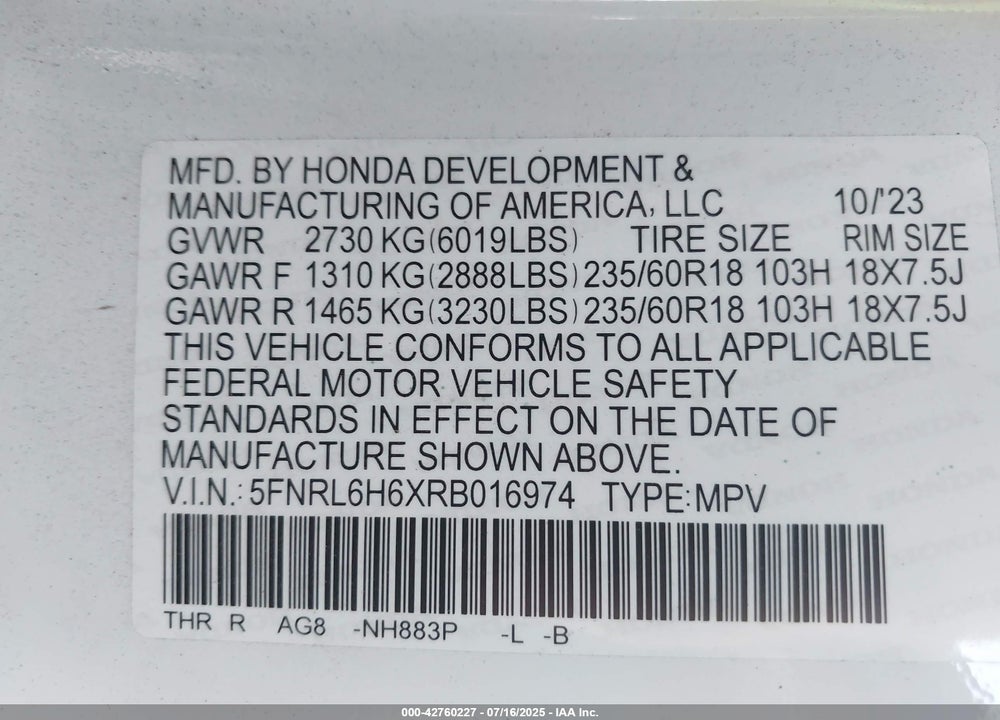 2024 HONDA ODYSSEY EX-L VIN: 5FNRL6H6XRB016974
