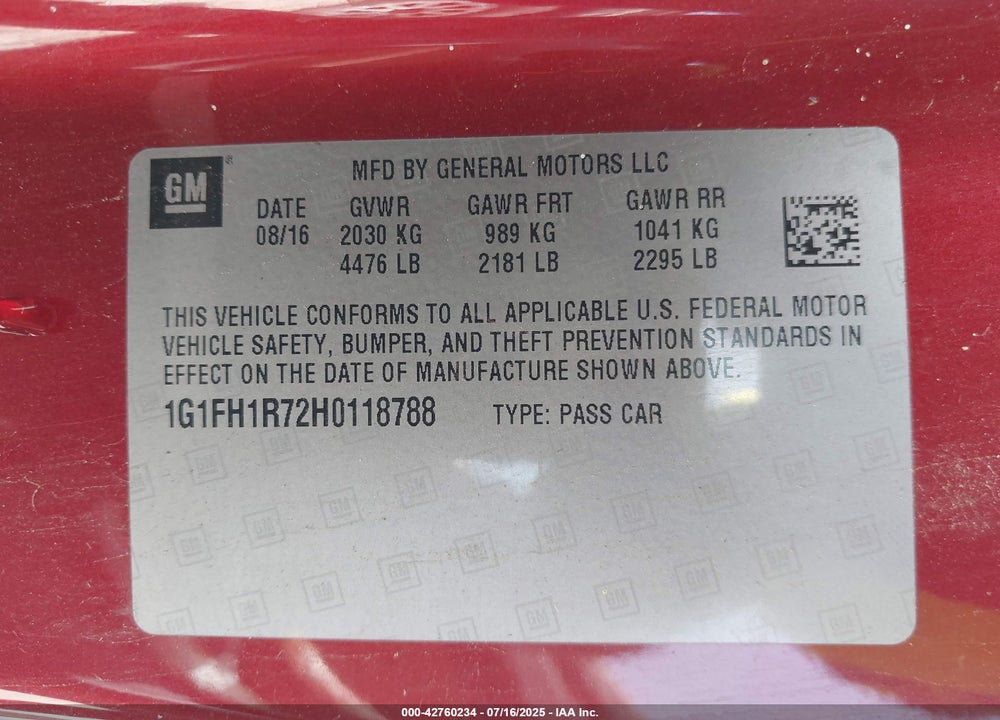 2017 CHEVROLET CAMARO VIN: 1G1FH1R72H0118788