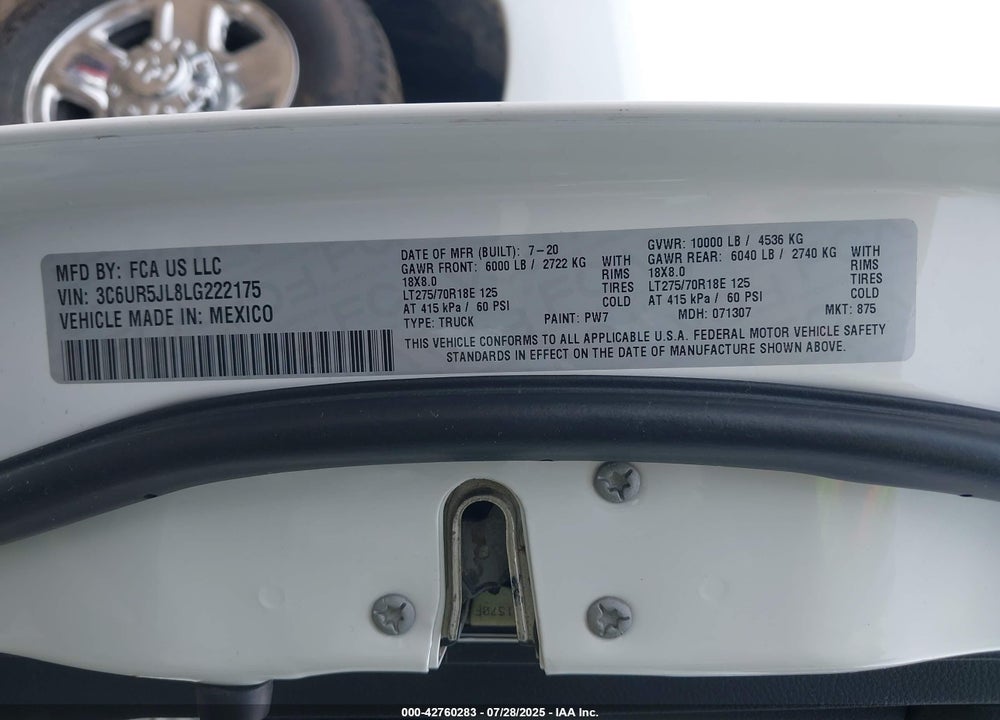2020 RAM 2500 VIN: 3C6UR5JL8LG222175