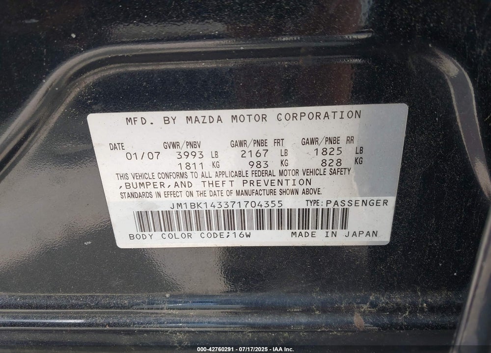 2007 MAZDA 3 S SPORT VIN: JM1BK143371704355