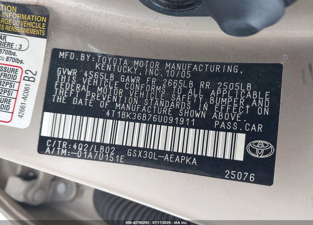 2006 TOYOTA AVALON LIMITED VIN: 4T1BK36B76U091911
