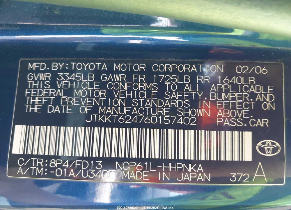 2006 SCION XA VIN: JTKKT624760157402