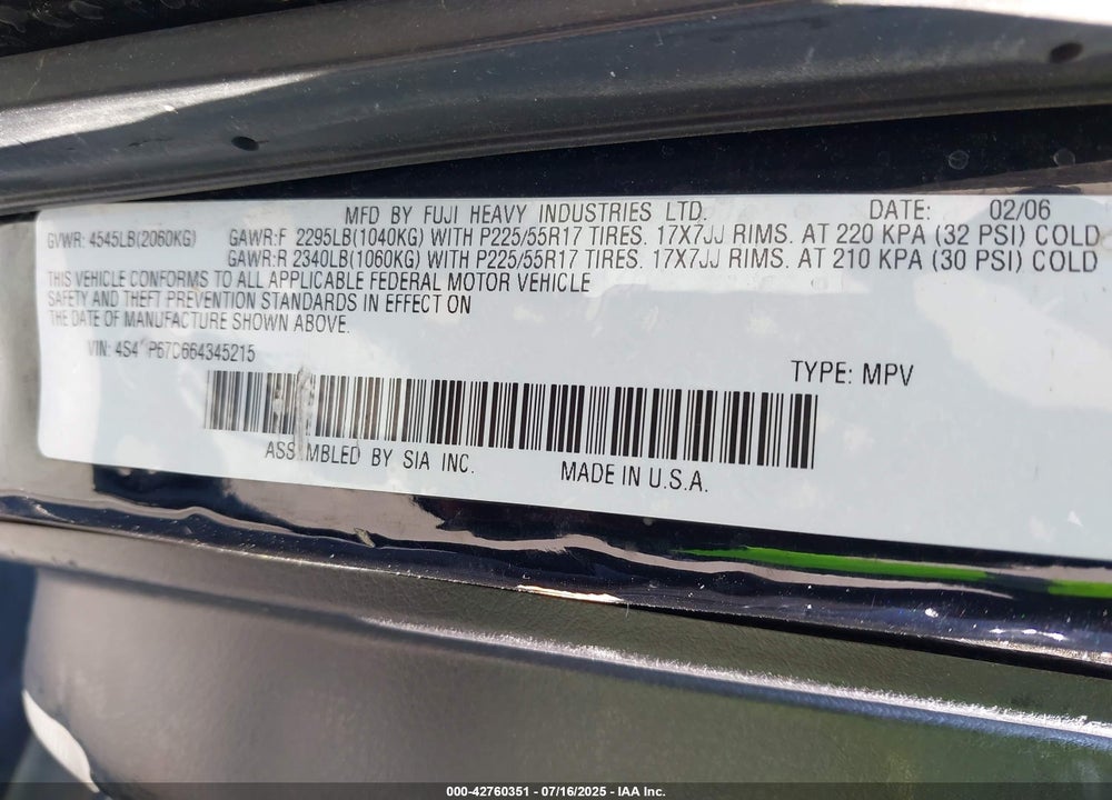 2006 SUBARU OUTBACK VIN: 4S4BP67C664345215