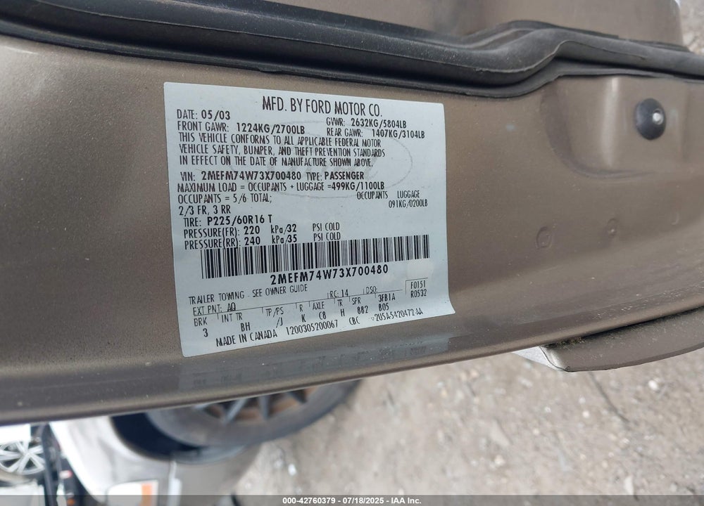 2003 MERCURY GRAND MARQUIS VIN: 2MEFM74W73X700480