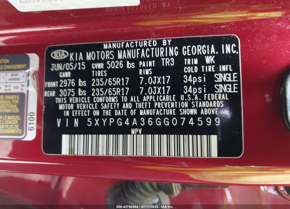 2016 KIA SORENTO VIN: 5XYPG4A36GG074599