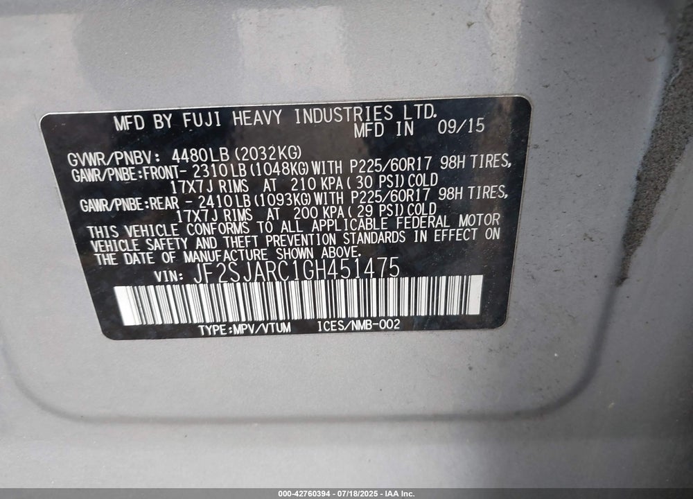 2016 SUBARU FORESTER VIN: JF2SJARC1GH451475
