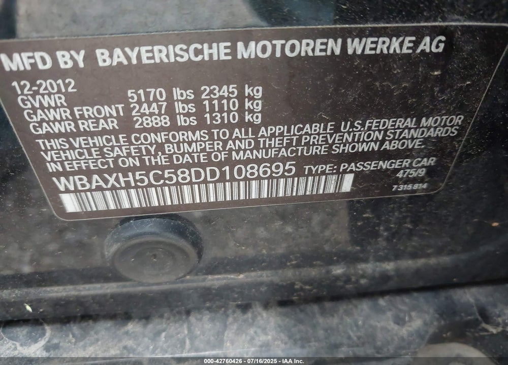 2013 BMW 5 SERIES VIN: WBAXH5C58DD108695