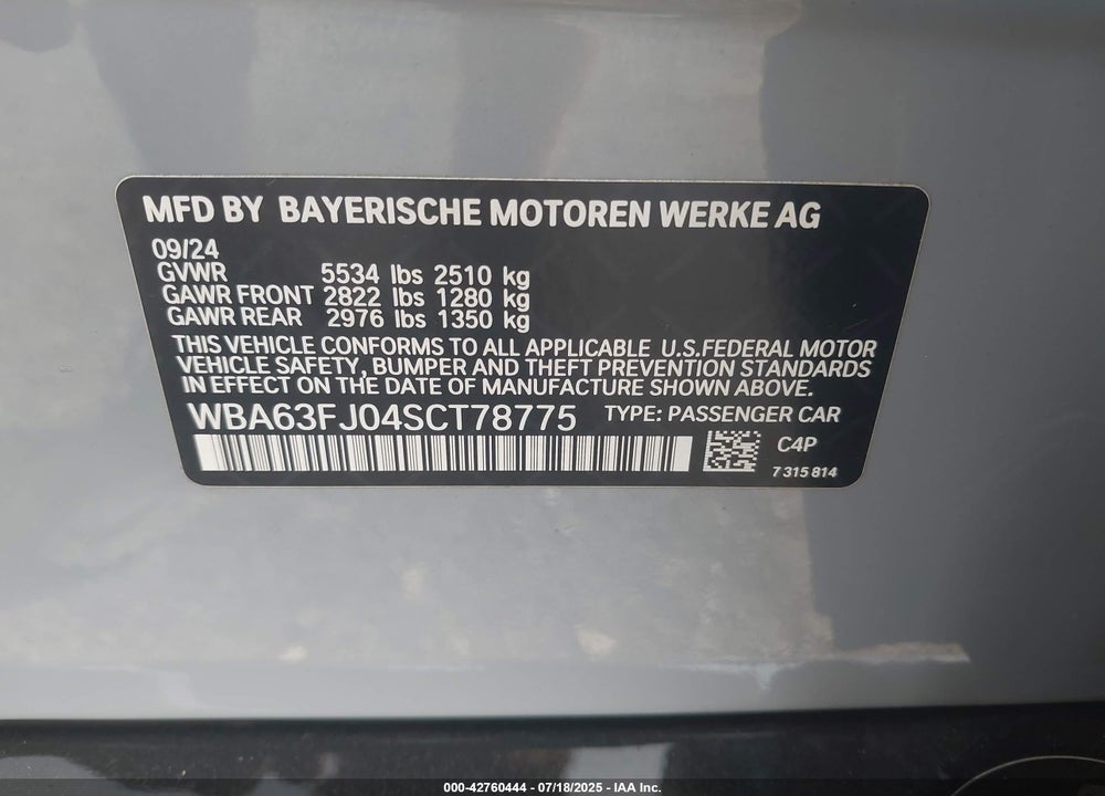 2025 BMW 5 SERIES VIN: WBA63FJ04SCT78775